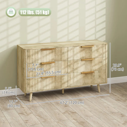 Fluted Chest of Drawers, 6 Drawer Dresser with Pine Wood Legs, Oak Storage Cabinets at Gallery Canada
