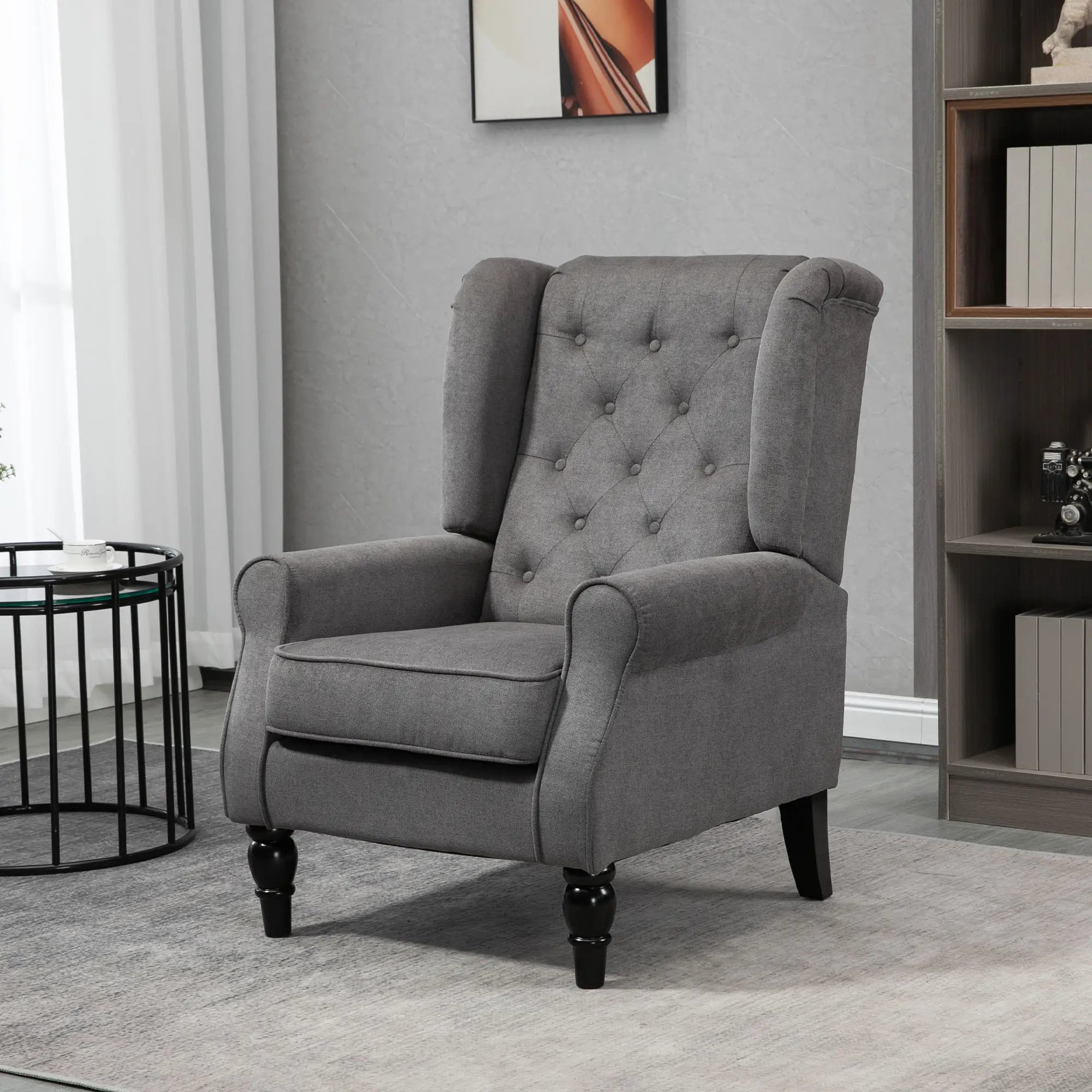 Fabric Accent Chair, Button Tufted, Wood Legs, Thick Padding, Charcoal Grey Accent Chairs at Gallery Canada