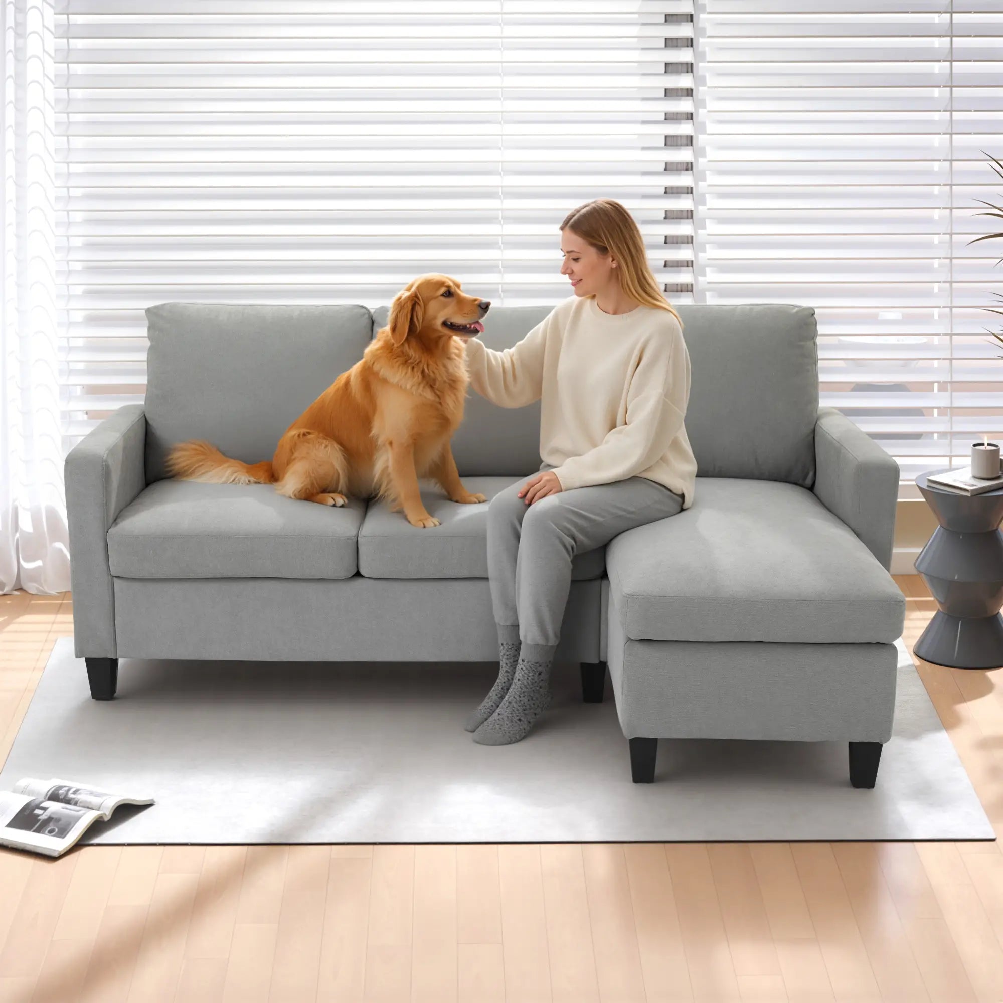 L-Shape Sectional Sofa with Ottoman, Modern Living Room Couch, Light Grey 3-Seater Sofas at Gallery Canada