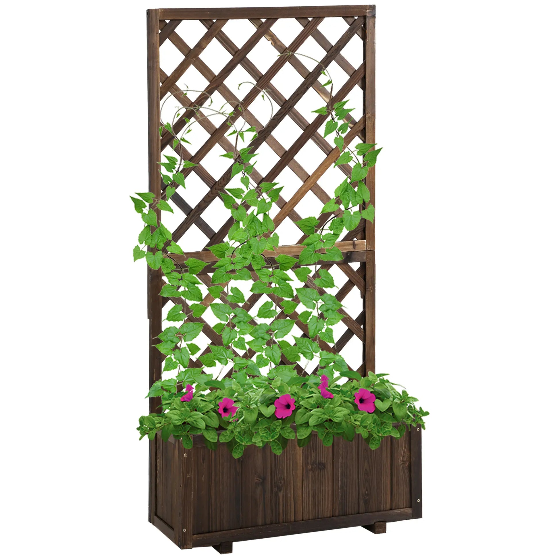 2.4 x 1 x 4.9 ft Wooden Pine Trough Planter with Trellis, Carbonized Wooden Planter Boxes Carbonized at Gallery Canada