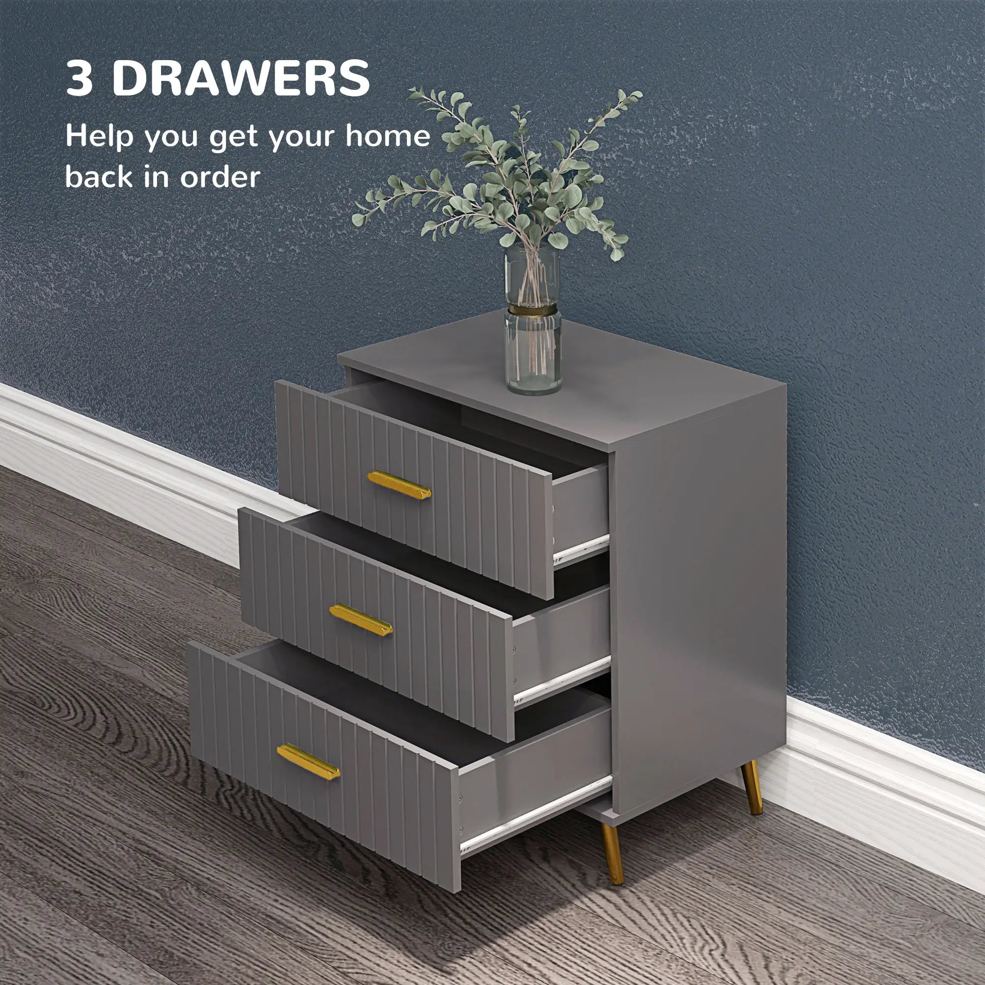 3 Drawer Cabinet, Bedroom Chest of Drawers, Aluminium Legs, Dark Grey Storage Cabinets at Gallery Canada
