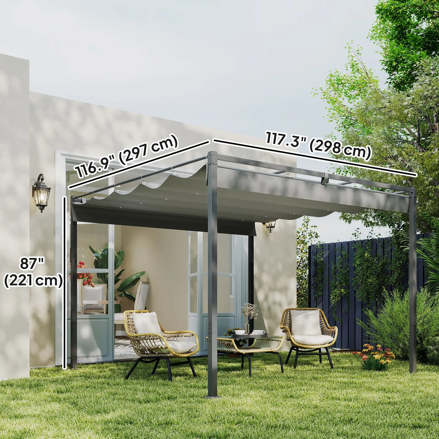 Gazebo extérieur gris 10' x 10', Toit de pergola rétractable, Kit métallique UPF30+, Gris