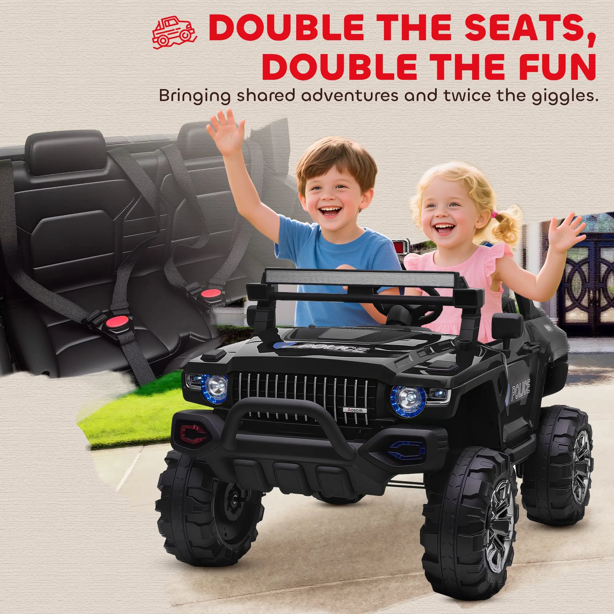 12V Ride On Police Car, 2 Seater, For Kids 3-8 Years, Remote Control, LED Lights, MP3, Black Electric Toy Cars at Gallery Canada