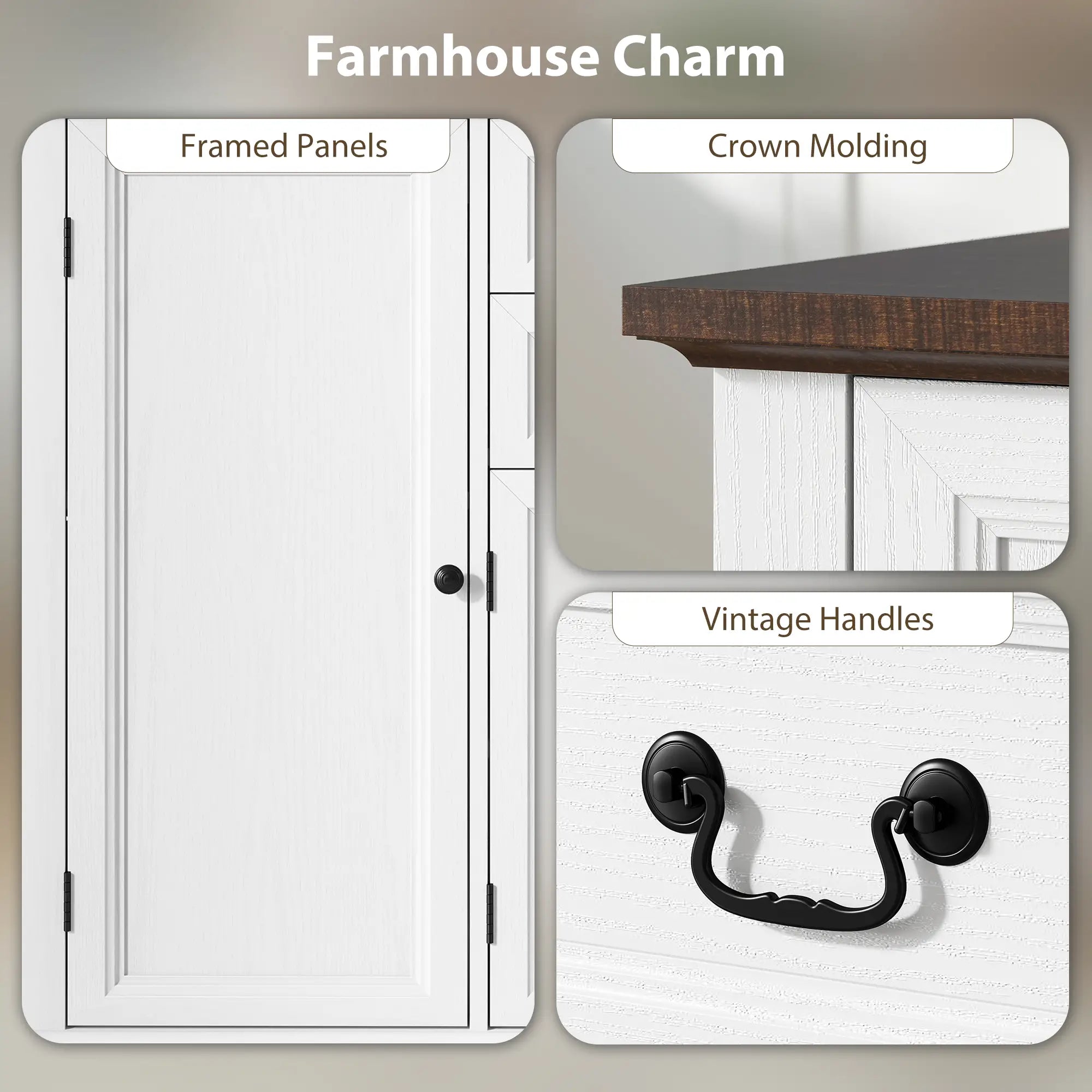 Farmhouse Sideboard with Charging Station, 58 Inch Buffet Cabinet, White Storage Cabinets at Gallery Canada