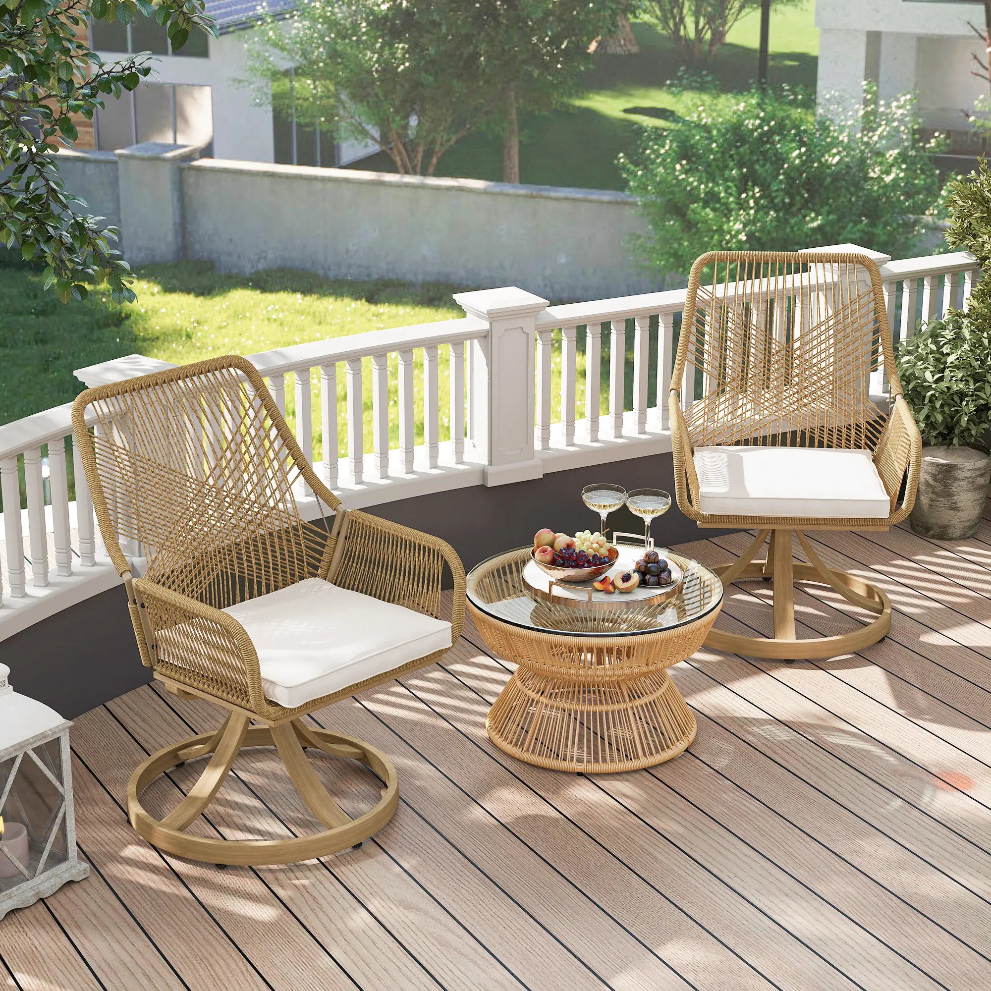 Outdoor Swivel Dining Chairs Set of 2, Patio Rattan with Cushions, Khaki Patio Chairs at Gallery Canada