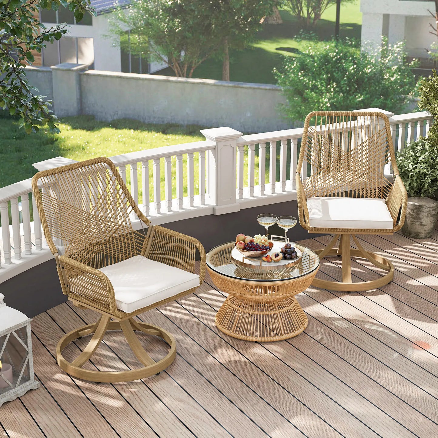 Outdoor Swivel Dining Chairs Set of 2, Patio Rattan with Cushions, Khaki Patio Chairs at Gallery Canada