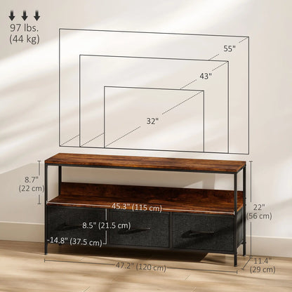 TV Stand with Charging Station, 3 Foldable Drawers, 55 Inch, Rustic Brown TV Stands at Gallery Canada
