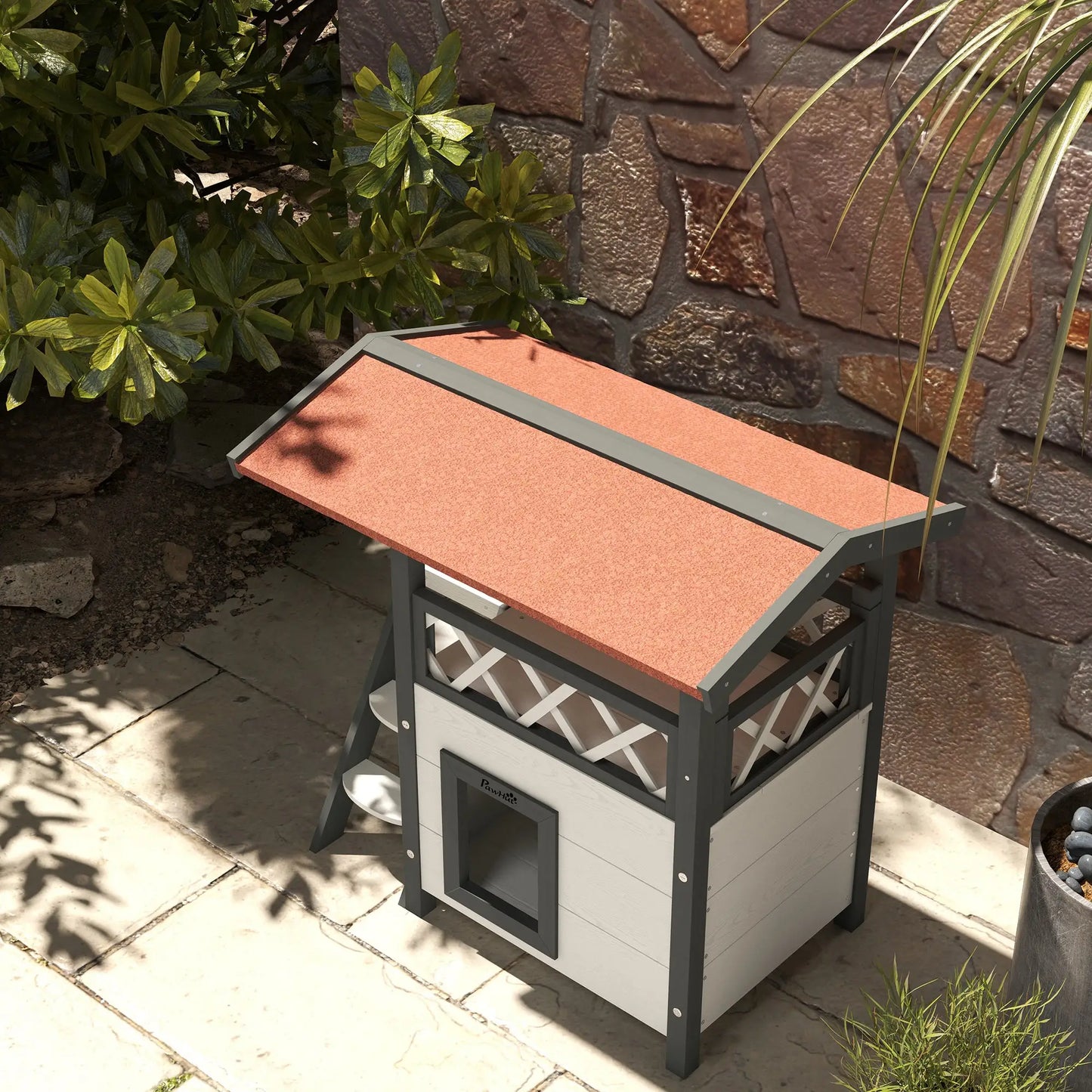 Wooden 2-Story Cat Shelter, Asphalt Roof, Stairs, Balcony, 30" x 20" x 29", White Cat Houses at Gallery Canada