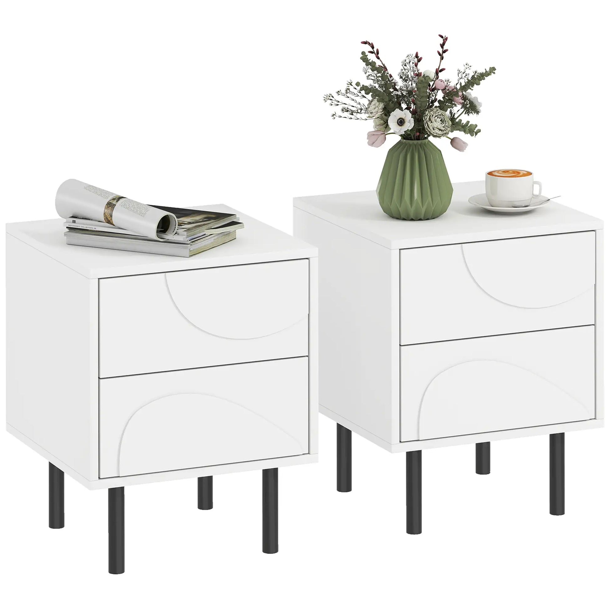 Modern Nightstand Set of 2, Push-to-Open Drawers, Steel Legs, White Bedside Tables at Gallery Canada