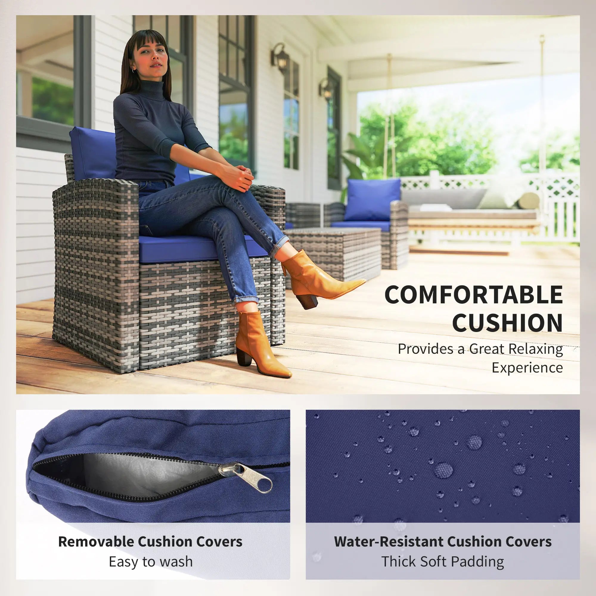 6-Piece Wicker Patio Set with Cushions, 7-Seater Rattan Sofa, Navy Blue Patio Furniture Sets at Gallery Canada