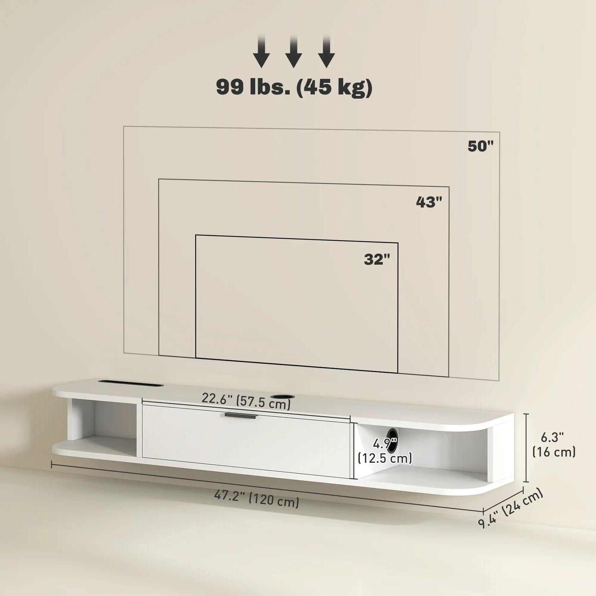47 Inch Floating TV Stand, Wall Mounted Media Console, White TV Stands at Gallery Canada