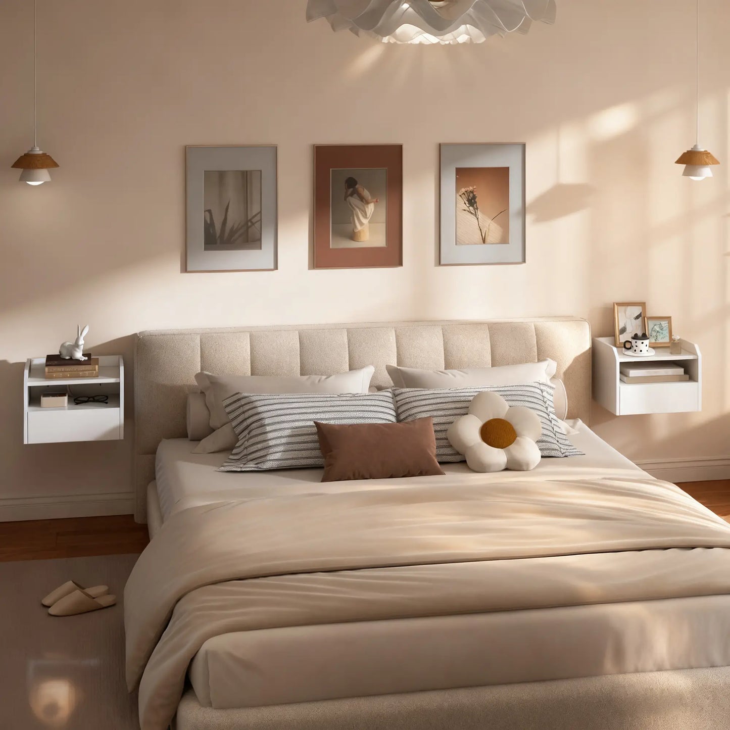 Wall Mounted Bedside Table Set of 2, Charging Station, Drawer, Shelf, White Bedside Tables at Gallery Canada