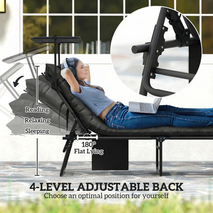 Folding Lounge Chair With Adjustable Canopy, 4-Position Tanning Chair, Black Lounger Chairs at Gallery Canada