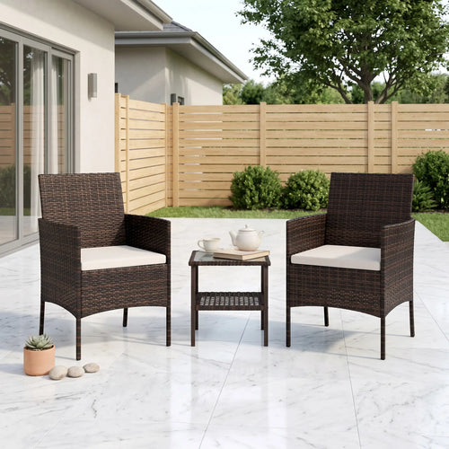 3-Piece Wicker Bistro Set, 2-Tier Glass Top Table, Beige