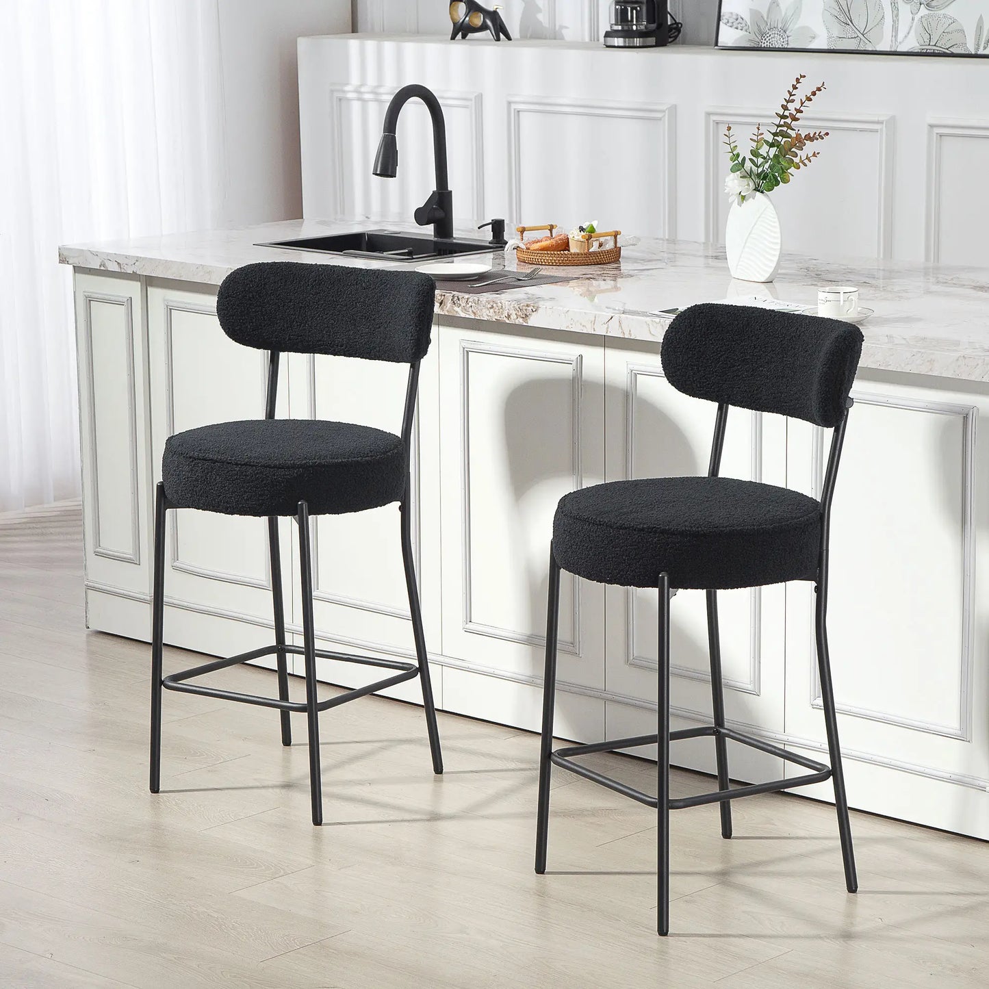 Set of 2 Upholstered Bar Stools with Backrest, Footrest, Black Bar Stools at Gallery Canada