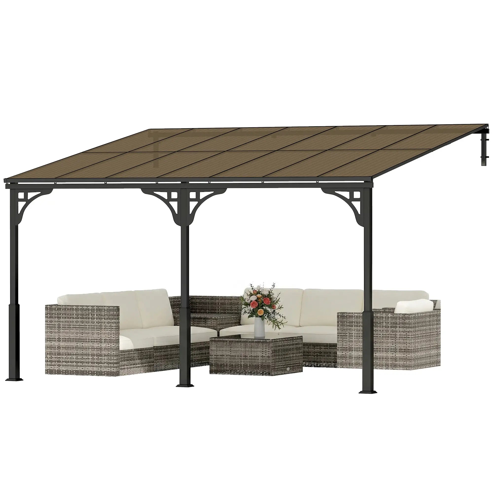 13' x 10' Lean To Gazebo, Hardtop Wall Mounted Pergola, Polycarbonate Roof, Metal-Aluminium Frame Pergolas Brown, Dark Grey at Gallery Canada