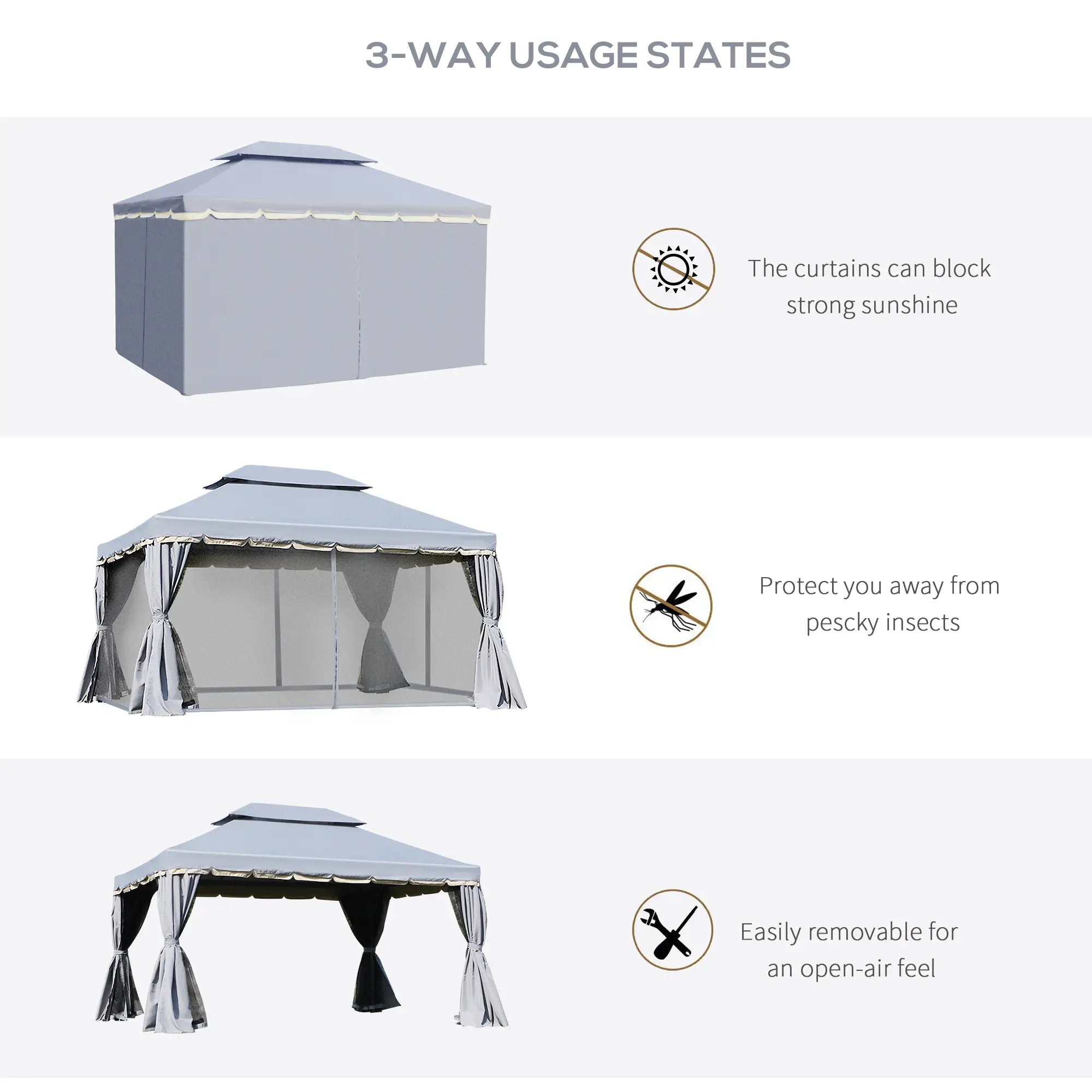 13' x 10' Patio Gazebo, 2-Tier Polyester Roof, Vented Mesh Sidewall, Aluminum Frame, Grey Gazebos at Gallery Canada