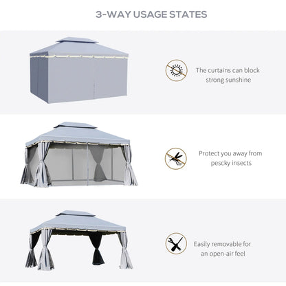 13' x 10' Patio Gazebo, 2-Tier Polyester Roof, Vented Mesh Sidewall, Aluminum Frame, Grey Gazebos at Gallery Canada