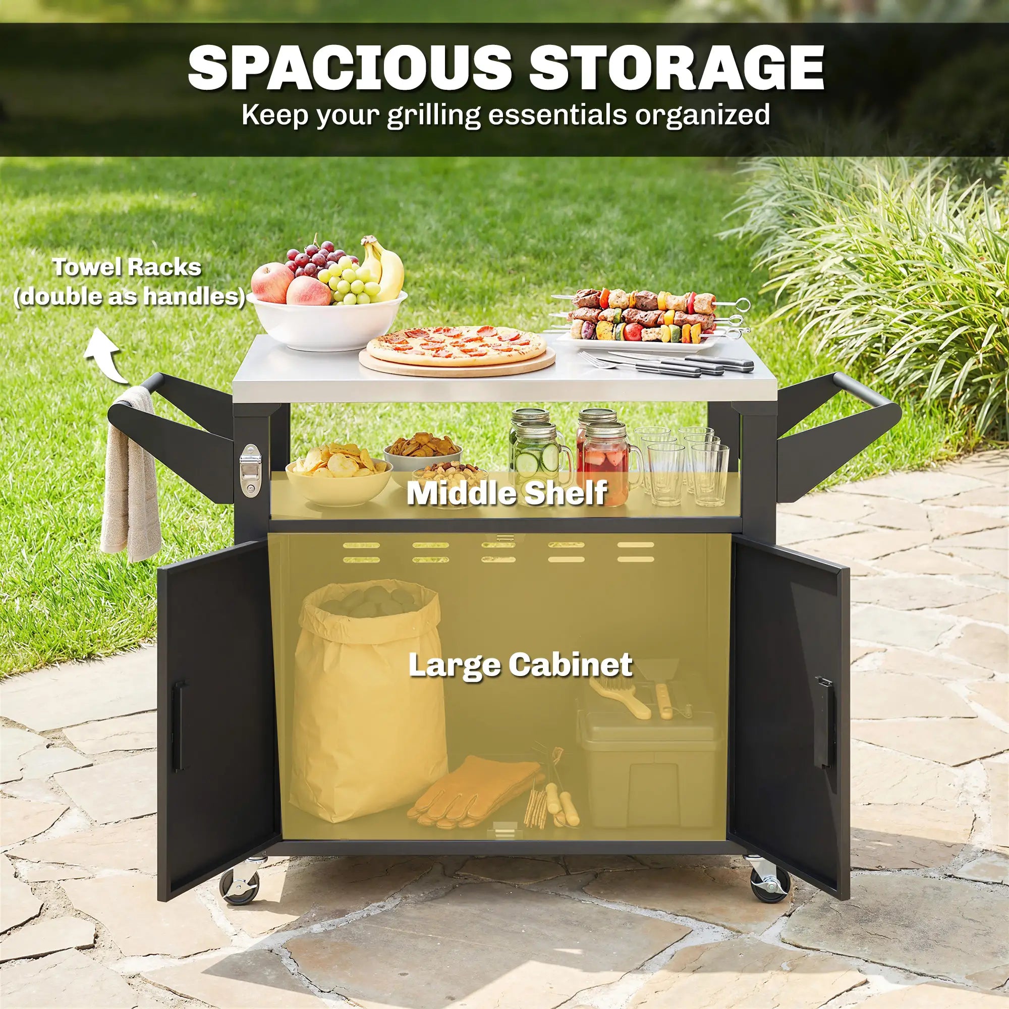 Outdoor Grill Cart, Stainless Steel Tabletop, 3-Shelf Pizza Oven Stand, Storage Cabinet, Wheels, Black Outdoor Grill Carts at Gallery Canada