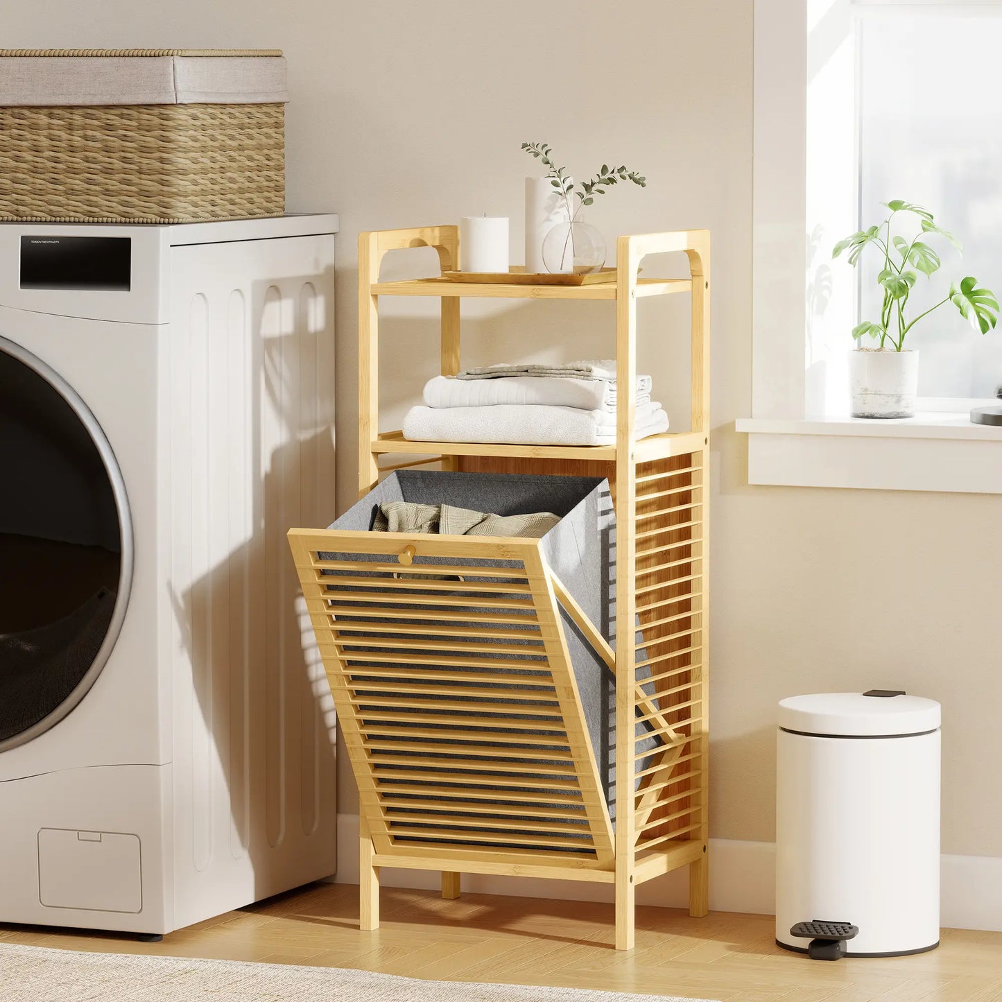 Bamboo Laundry Cabinet, Tilt Out Hamper with Basket, Natural Bathroom Cabinets at Gallery Canada