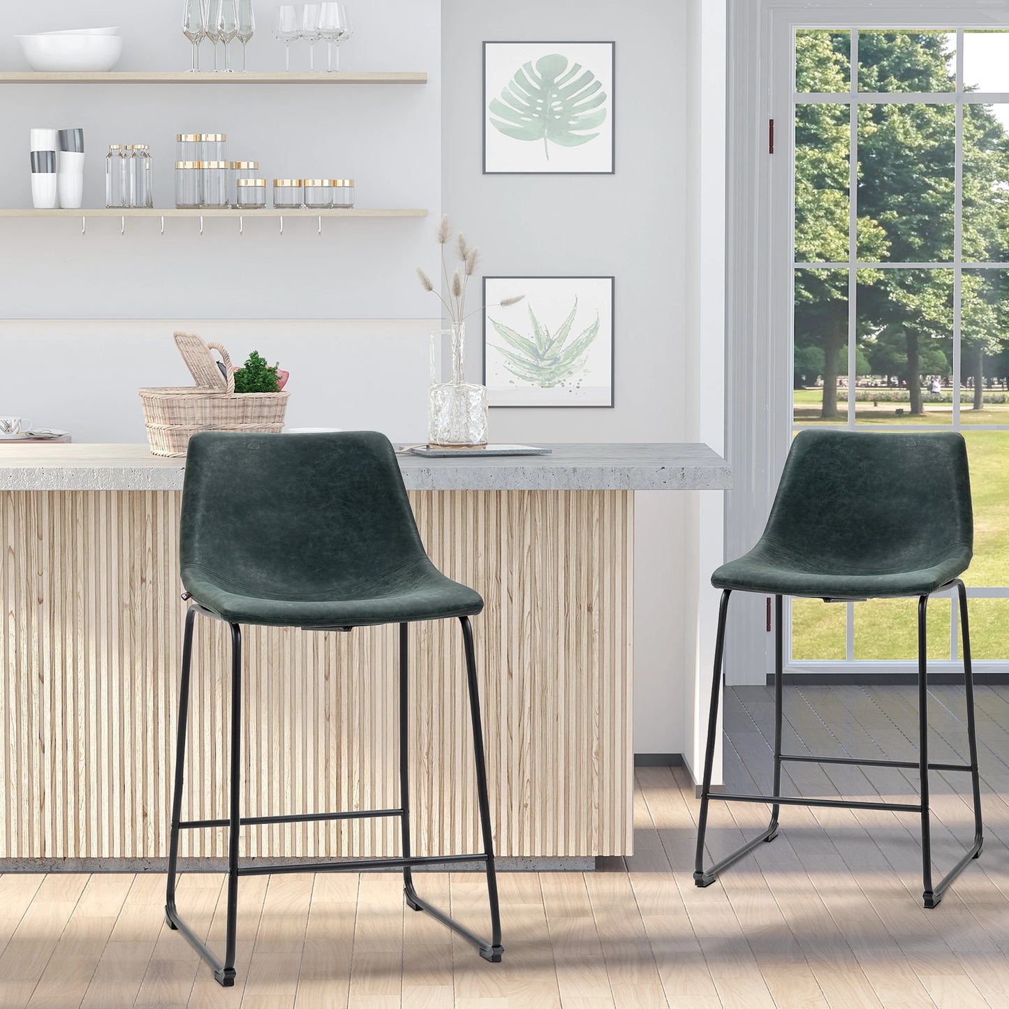 Vintage PU Leather Bar Stools Set of 2, Kitchen Stool with Footrest, Green Bar Stools at Gallery Canada