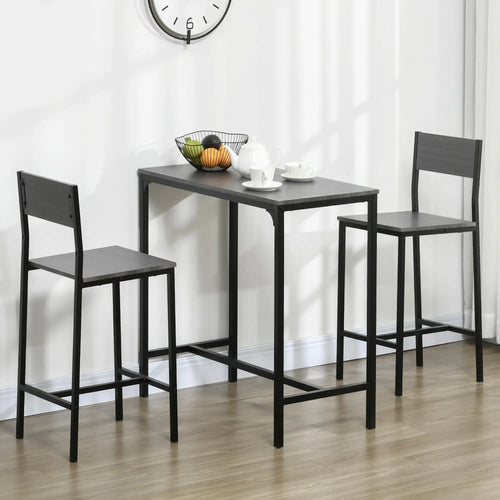 Industrial Bar Table Set, 3 Piece Counter Height, 2 High Back Stools, Grey