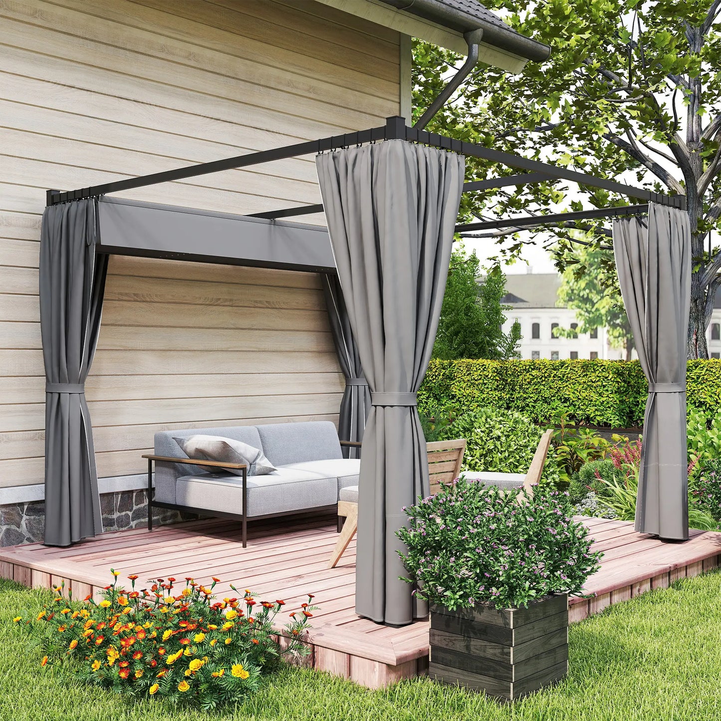 10' x 10' Retractable Pergola, Garden Gazebo with Curtains, Light Grey Pergolas at Gallery Canada