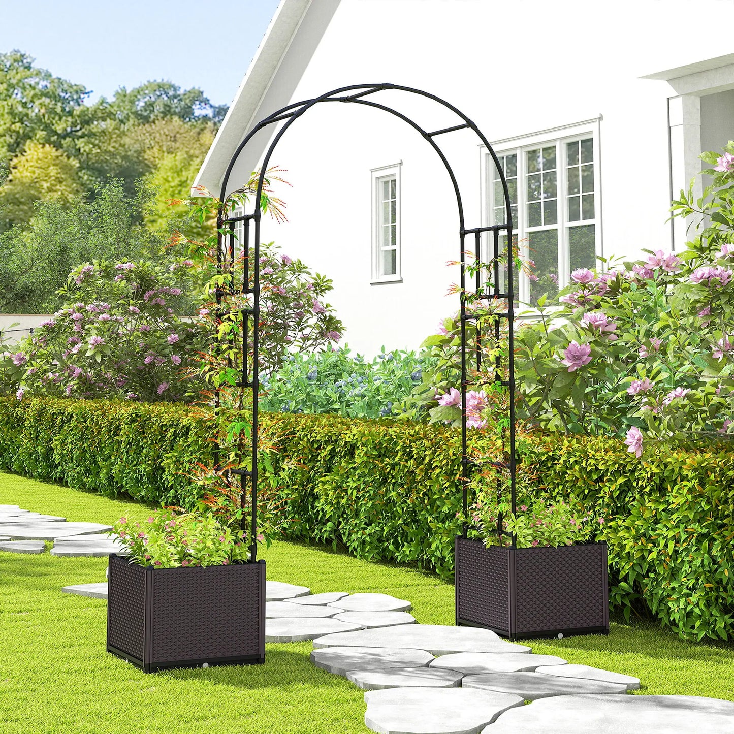 8ft Garden Arch with Planters, Steel Trellis Arbor, Brown, Black Garden Arches at Gallery Canada