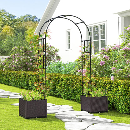 8ft Garden Arch with Planters, Steel Trellis Arbor, Brown, Black Garden Arches at Gallery Canada