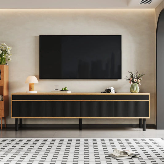 Elegant Stripe Design Stand, Sturdy Wooden Legs, 3 Doors, 67" L x 15" W x 18.5" H, Natural, Black TV Stands Black, Natural at Gallery Canada