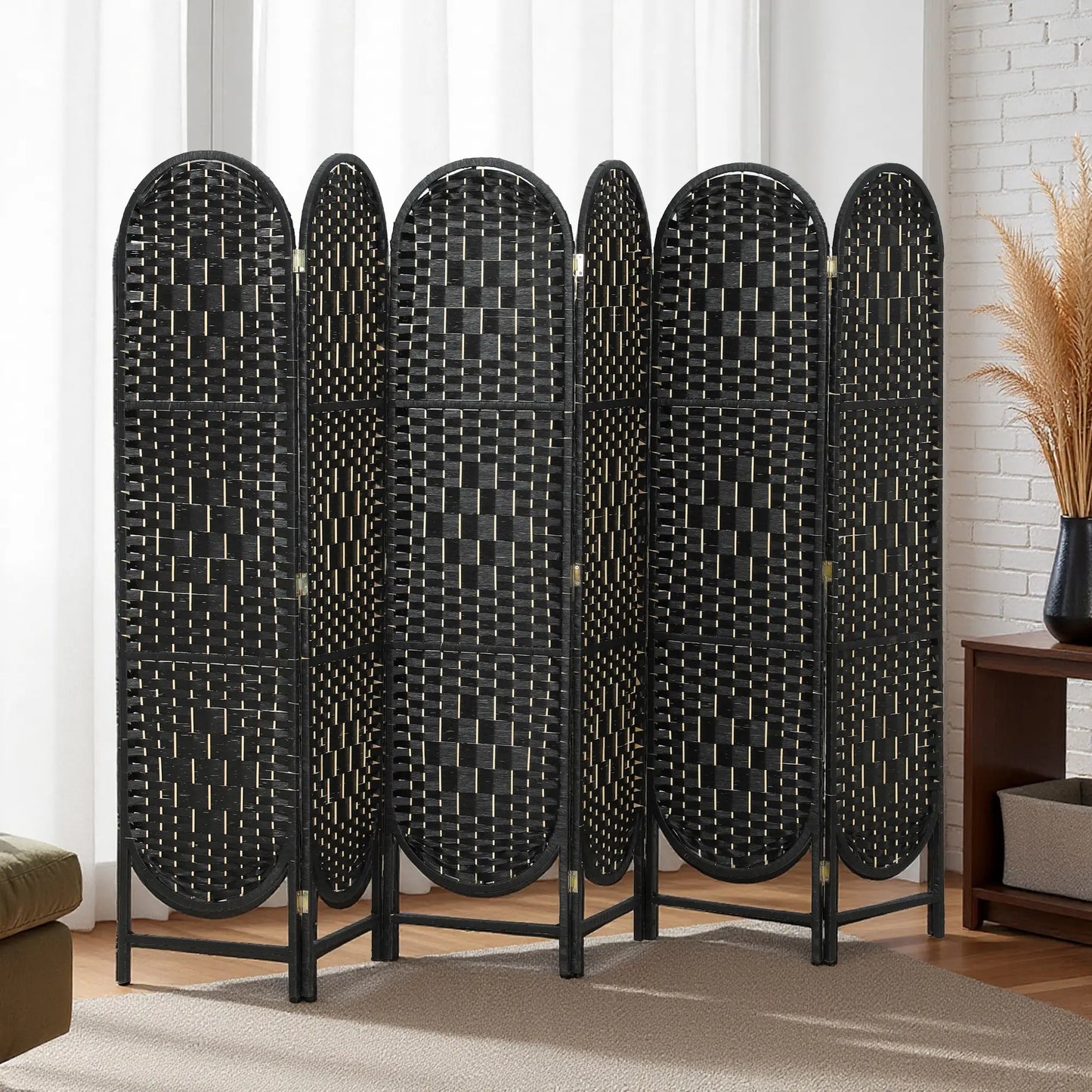 Bohemian Privacy Screen, 6 Panel Folding Room Divider, Arched Top, Black Room Dividers at Gallery Canada