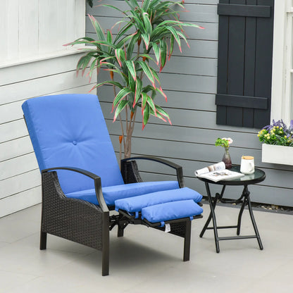 Outdoor Rattan Recliner Chair, Adjustable Back, Retractable Footrest, Blue Chaise Loungers at Gallery Canada
