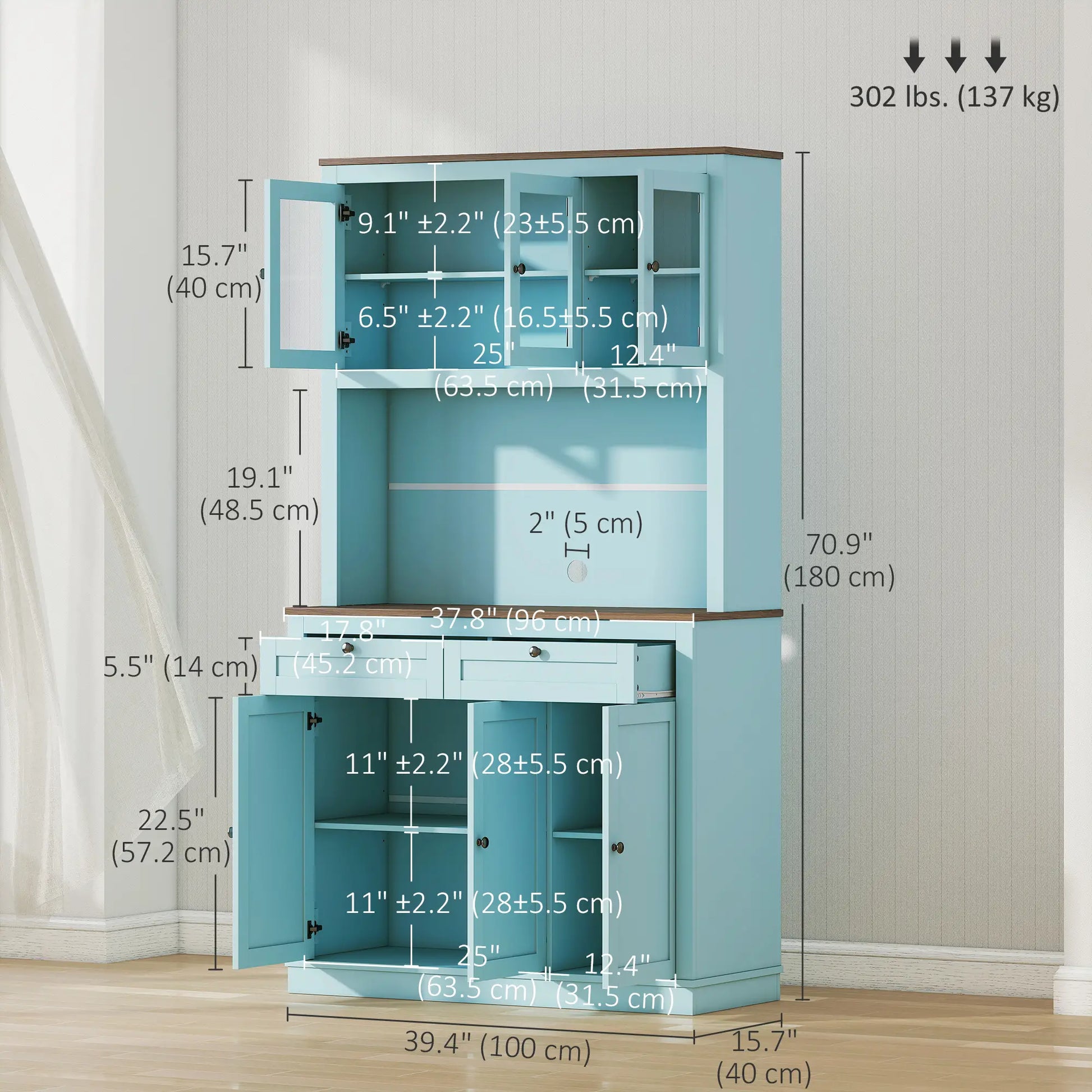 71" Pantry Cabinet with Microwave Space, Buffet Hutch, 2 Drawers, Adjustable Shelves, Glass Doors, Blue Kitchen Pantry Cabinets at Gallery Canada