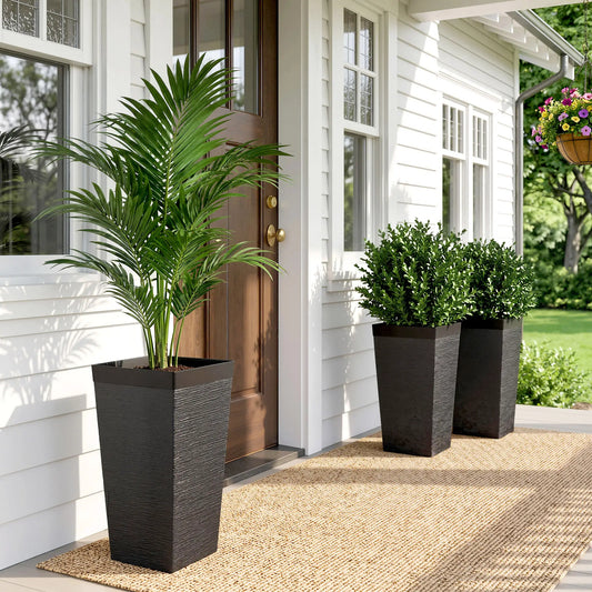 22.8" Tall Planters Set of 3, Stone Finish, Wheels, Drainage, Black Garden Accessories Black at Gallery Canada