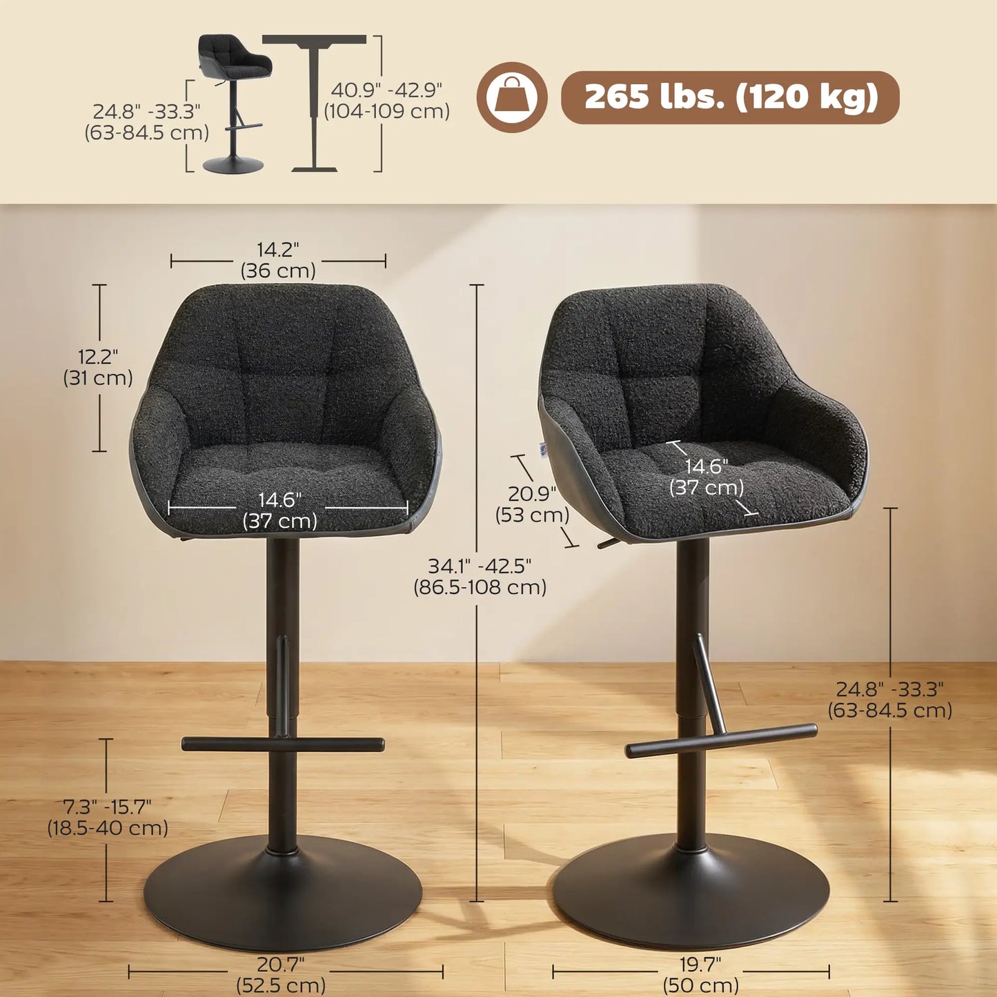 Swivel Counter Height Bar Stools Set of 2, Adjustable Height, Black Bar Stools at Gallery Canada