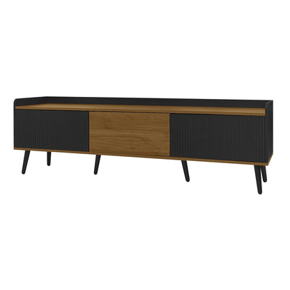 Three Door Stand, Raised Edge, Sturdy Wooden Legs, 63" L x 15.5" W x 19.5" H, Natural, Black TV Stands at Gallery Canada