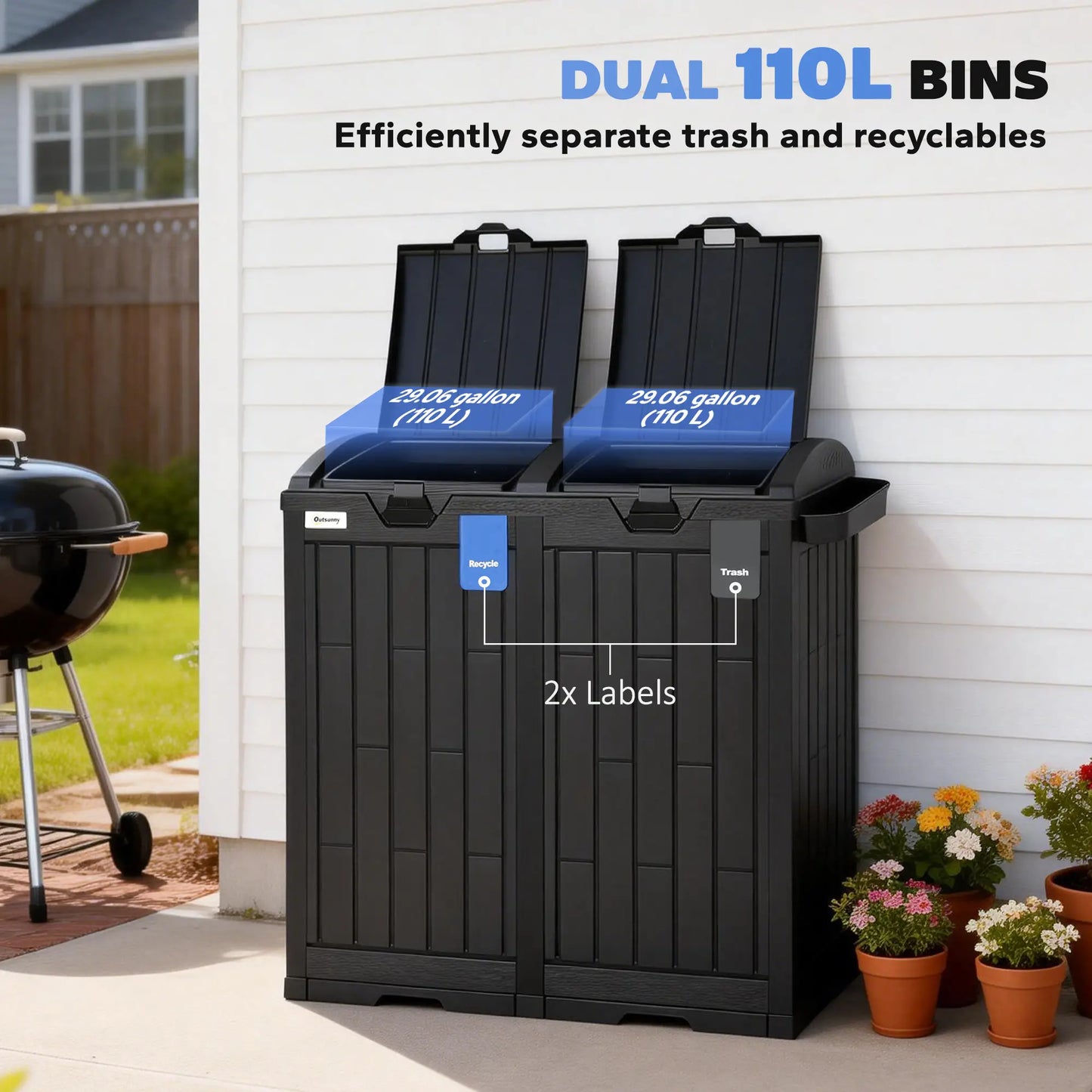 58 Gallon Double Outdoor Garbage Bin, Dual Lid, Plastic Waste Trash Can, Black Garden Accessories at Gallery Canada