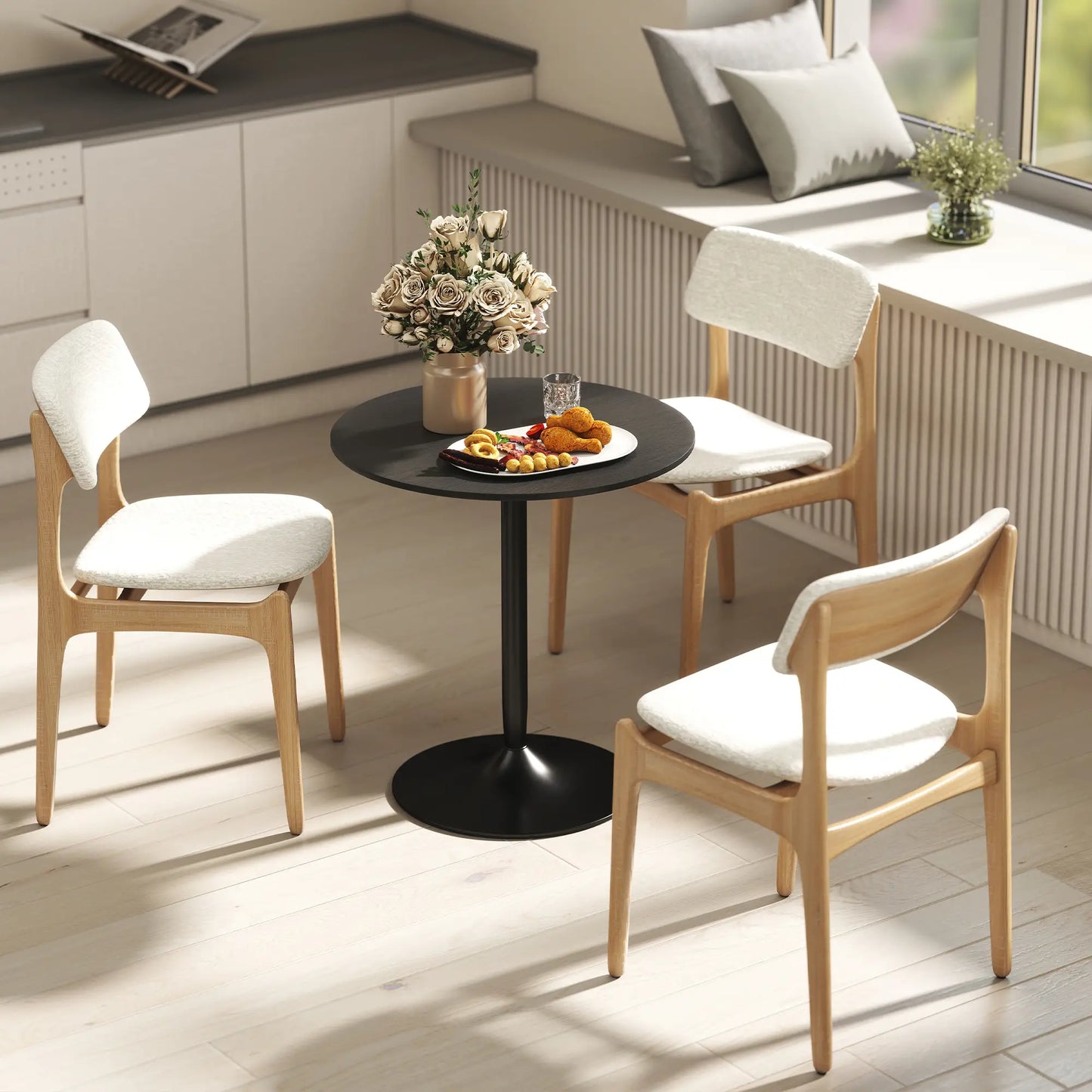 27.6" Round Kitchen Table for 2, Wood Veneer, Steel Base, Black Dining Tables at Gallery Canada