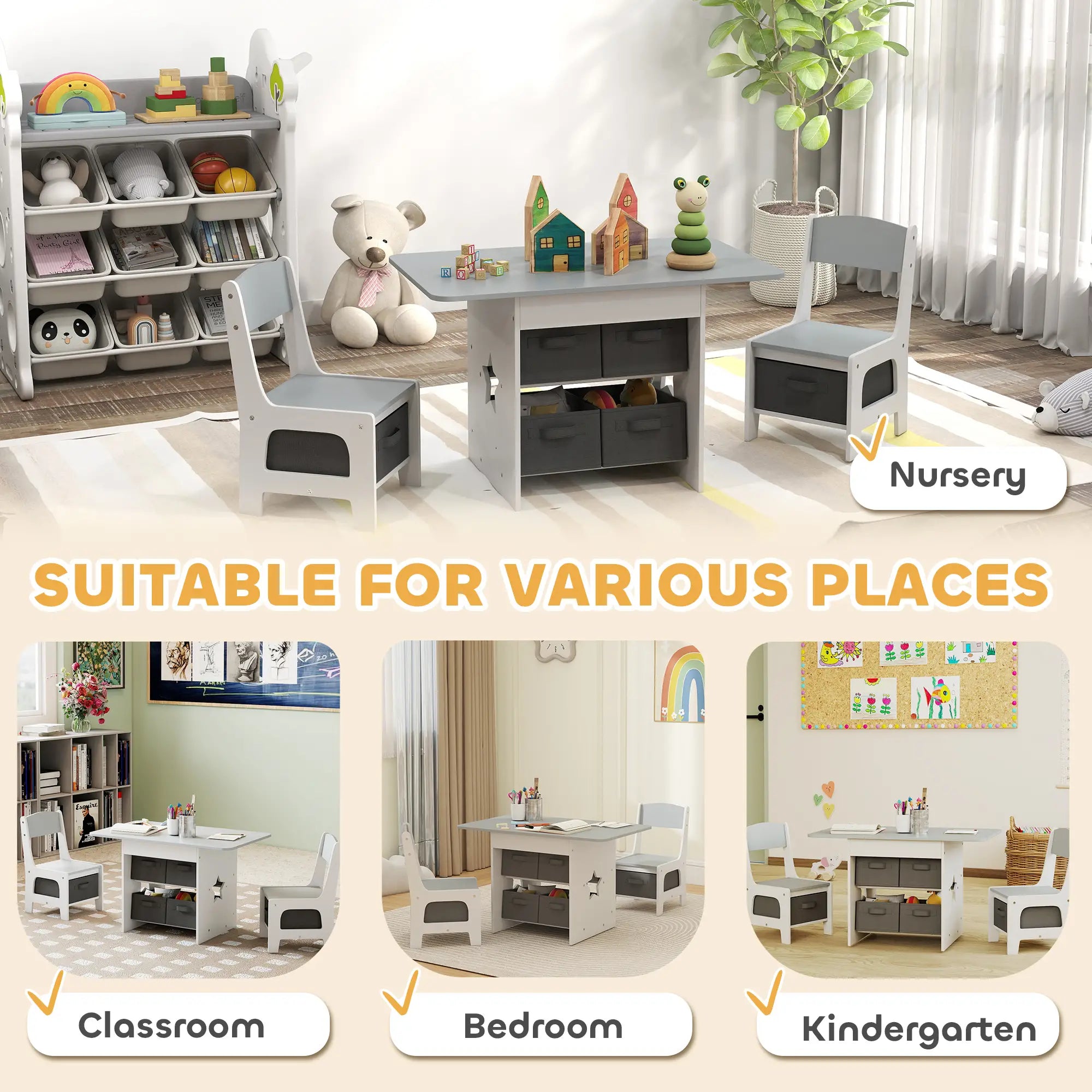 3 Piece Kids Table and Chair Set, 6 Removable Drawers, Light Grey Kids Table Sets at Gallery Canada