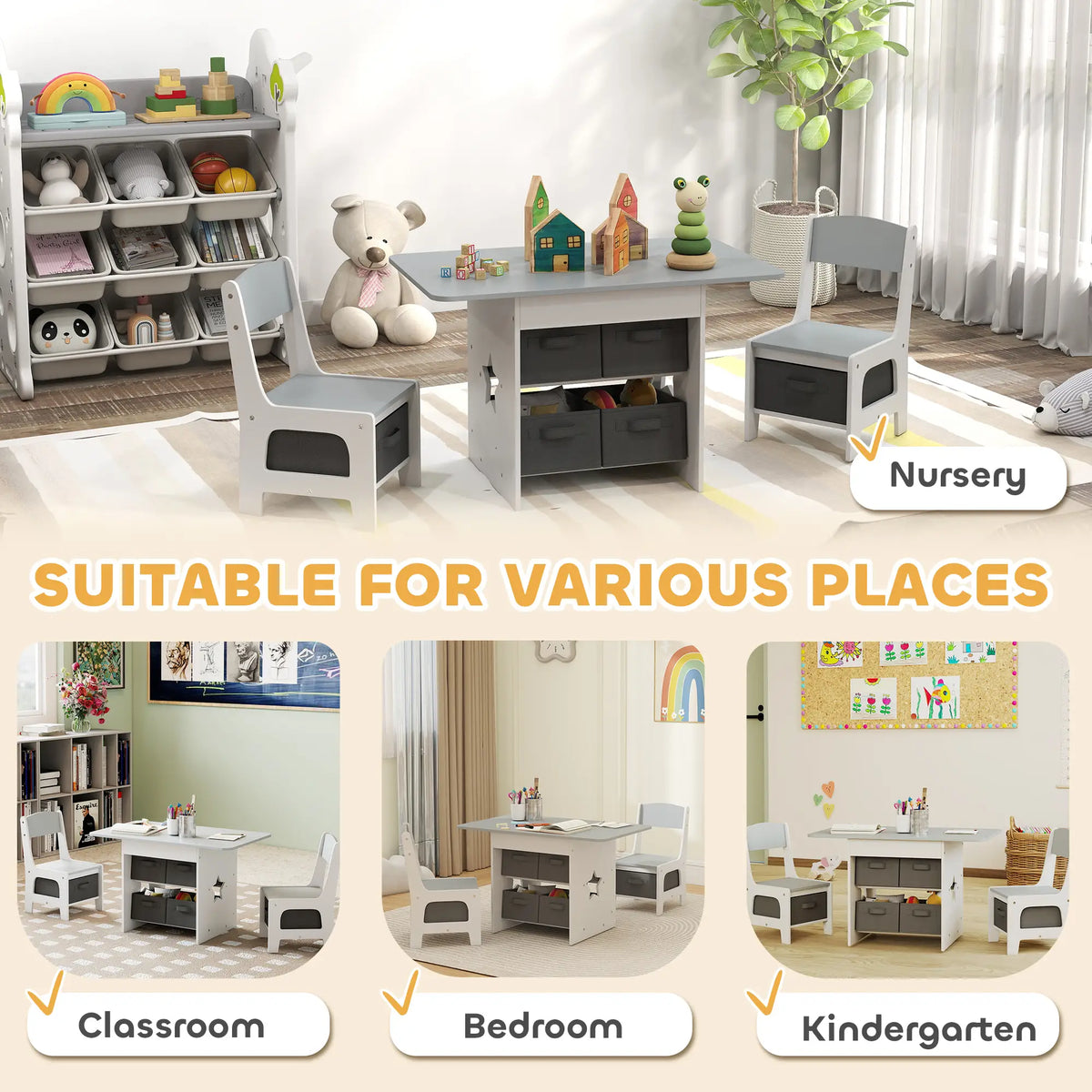 3 Piece Kids Table and Chair Set, 6 Removable Drawers, Light Grey Kids Table Sets at Gallery Canada