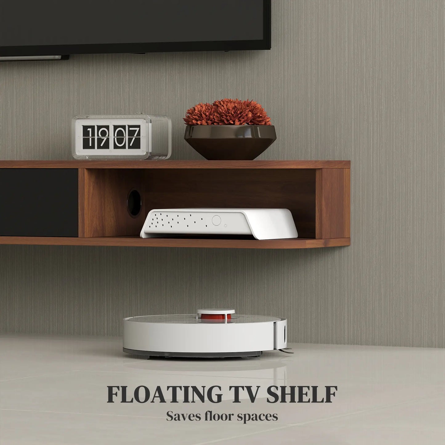 71" Floating TV Stand, Wall Mounted Media Console, Flip Drawer, 2 Open Shelves, Walnut TV Stands at Gallery Canada