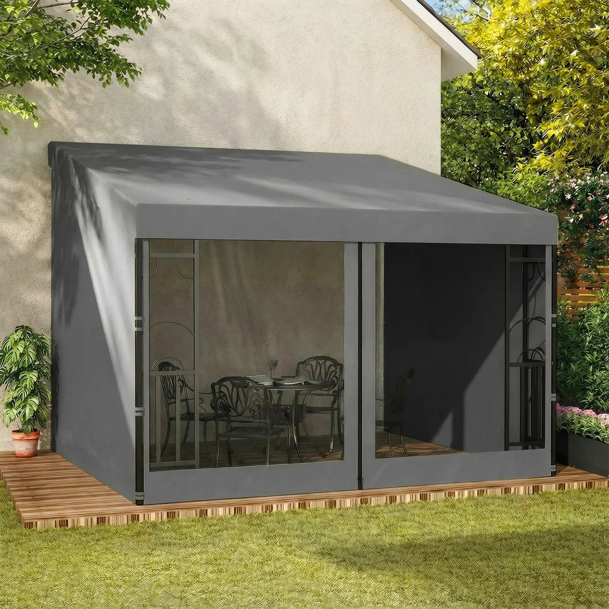 10' x 10' Wall Pergola, Outdoor Gazebo With Curtains, Dark Grey Pergolas at Gallery Canada