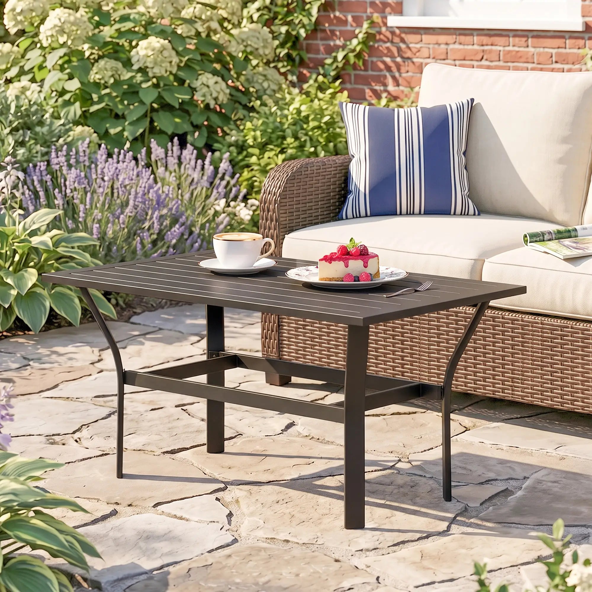 Outdoor Side Table, Slatted Tabletop, Metal Patio Coffee Table, Black Patio Side Tables at Gallery Canada