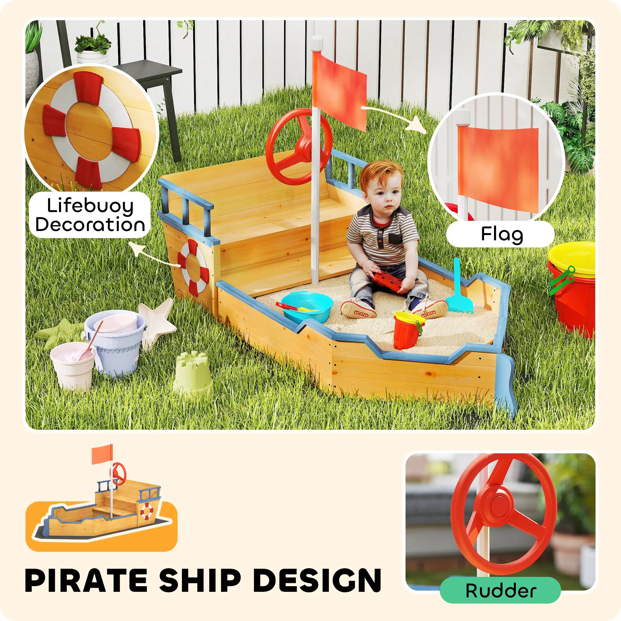 Kids Wooden Pirate Ship Sandbox, Outdoor Playset w/ Bench Seat, 3-6 Years Sandboxes & Accessories at Gallery Canada
