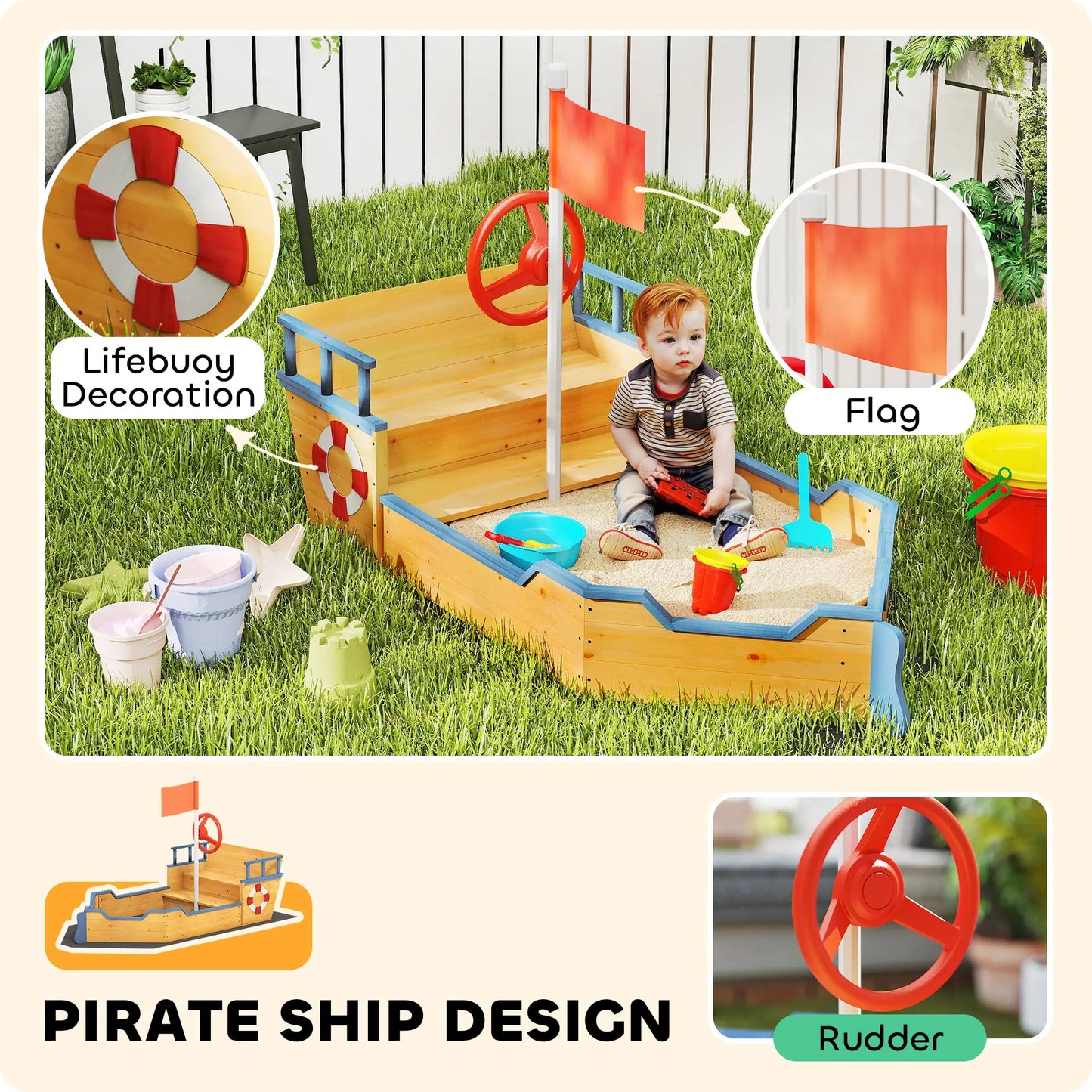 Kids Wooden Pirate Ship Sandbox, Outdoor Playset w/ Bench Seat, 3-6 Years Sandboxes & Accessories at Gallery Canada