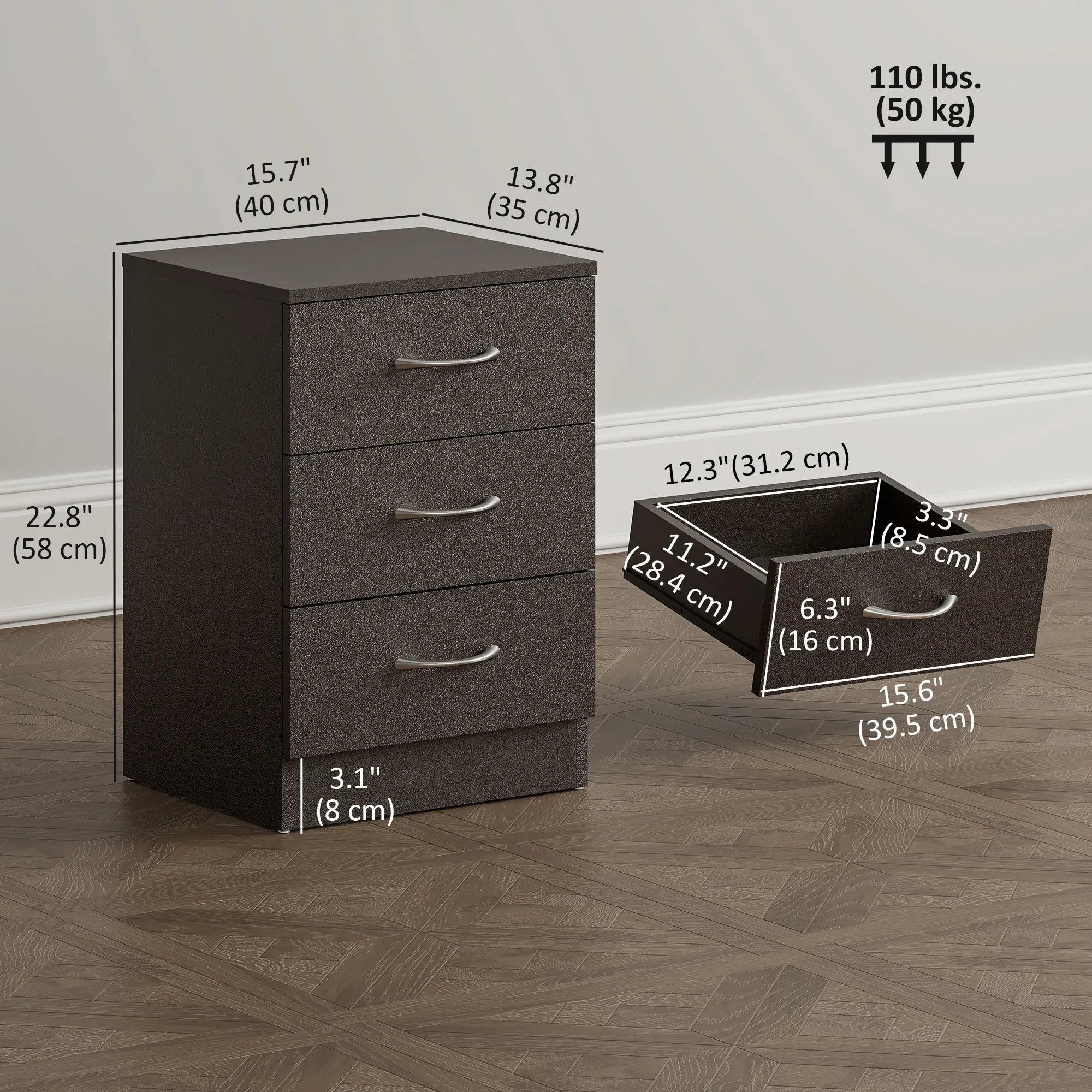 Bedside Table, 3 Drawers, Metal Rail, Dark Brown Bedside Tables at Gallery Canada