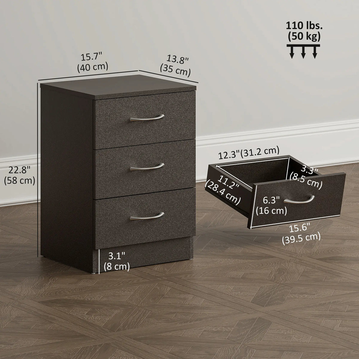 Bedside Table, 3 Drawers, Metal Rail, Dark Brown Bedside Tables at Gallery Canada