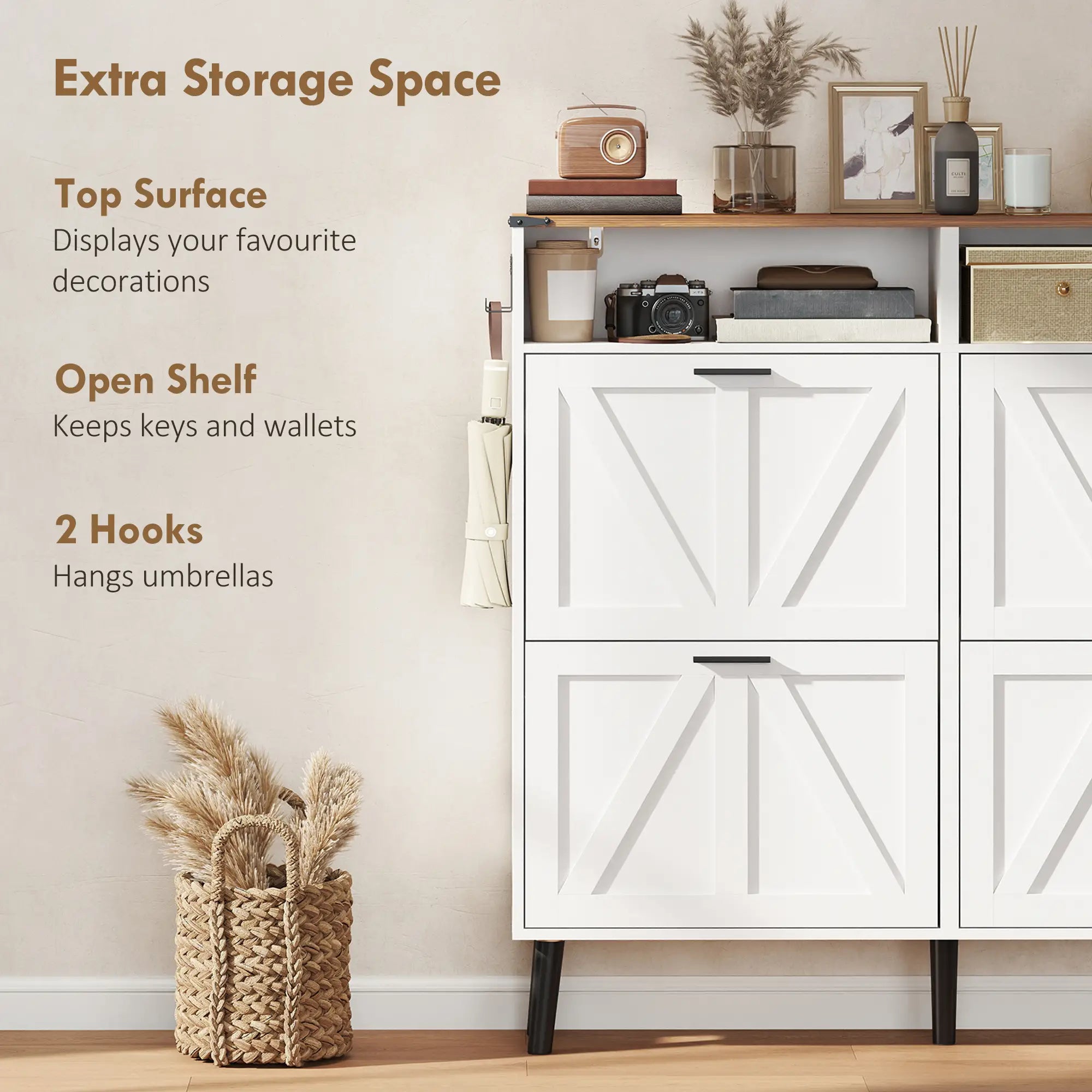 Shoe Storage Cabinet, 4 Flip Drawers, Farmhouse Narrow, Holds 24 Pairs, White Shoe Storage Cabinets & Racks at Gallery Canada