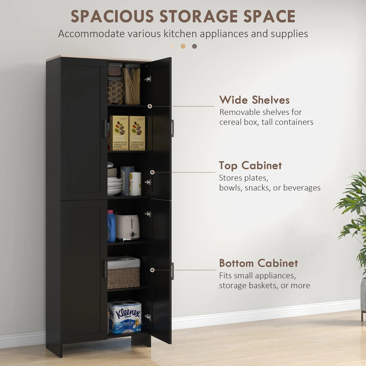 67" 4-Door Kitchen Pantry Cabinet, Adjustable Shelves, Black Kitchen Pantry Cabinets at Gallery Canada