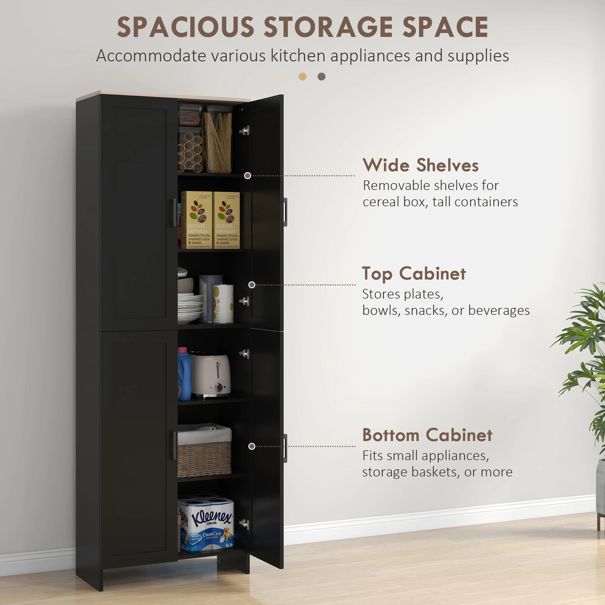 67" 4-Door Kitchen Pantry Cabinet, Adjustable Shelves, Black Kitchen Pantry Cabinets at Gallery Canada